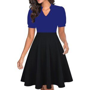 Women Blue+black Short Puff Sleeve Flare Semi-Formal Summer Dress With Pockets